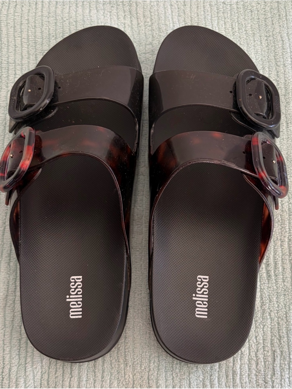 Melissa Black Slide Sandals with Tortoiseshell Straps